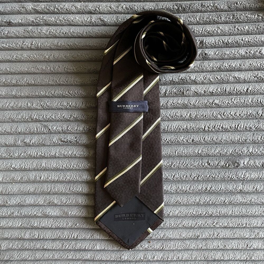 Burberry London Tie Brown Gold Striped Silk Cotton Necktie Men